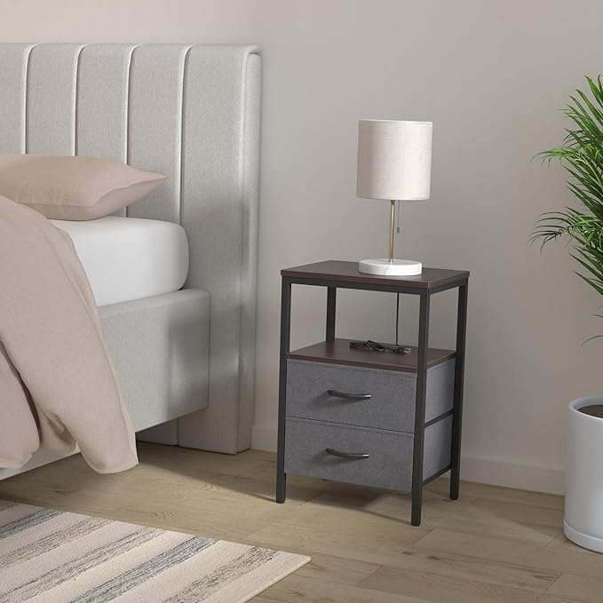 Huuger Nightstand with Charging Station, Fabric Drawers, End Table with Open - Image 2