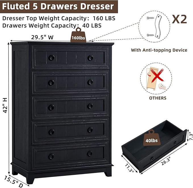Farmhouse 5 Drawer Dresser for Bedroom, Rustic Wood Dresser - Image 2