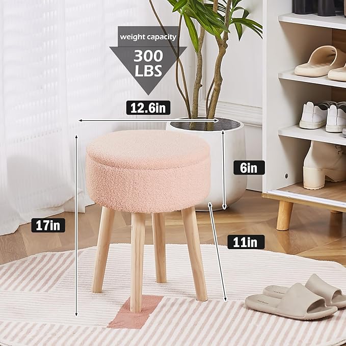 Mxfurhawa Storage Ottoman Foot Stool Teddy Velvet Round Vanity Stool Tray Top - Image 2