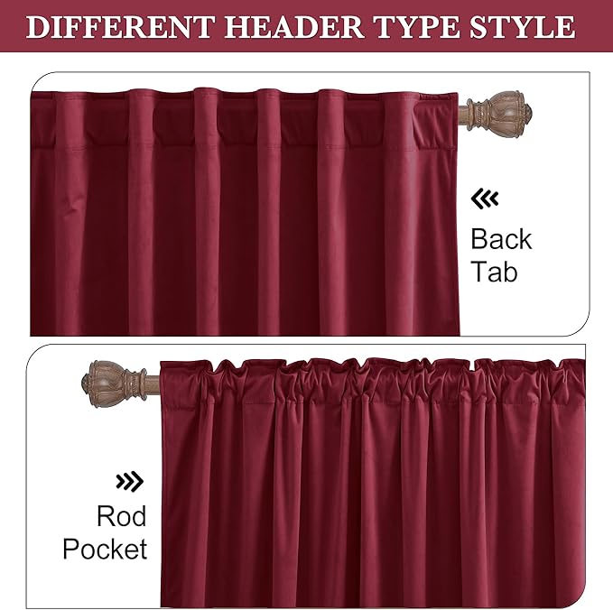 RYB HOME Burgundy Red Velvet Curtains - Image 2