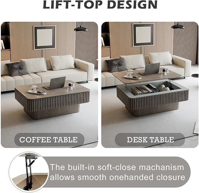 Lift Coffee Table with Storage & Adjustable Height, Rectangle Solid Wood Coffee - Image 3