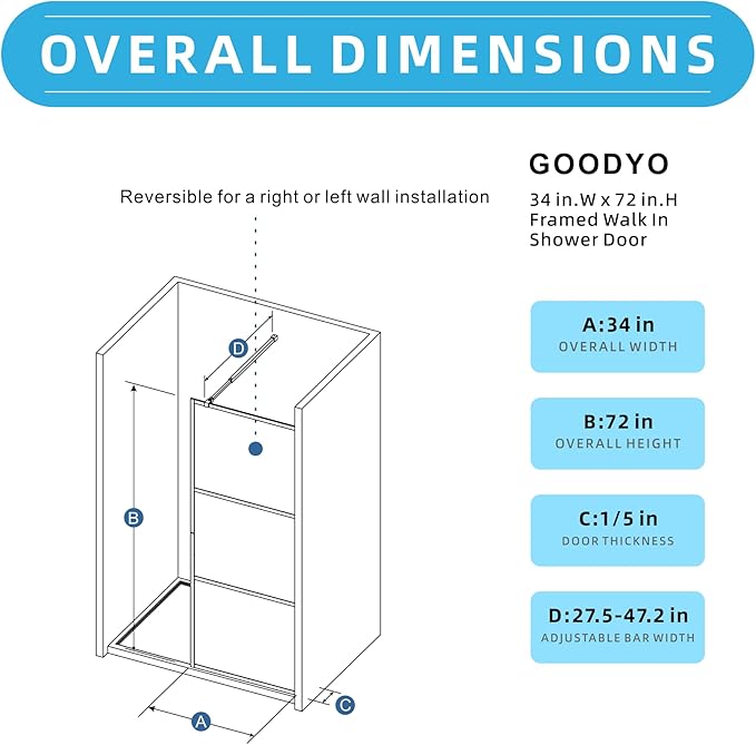 Goodyo 34" x 72" Shower Door Tempered Glass Shower Screen - Image 7
