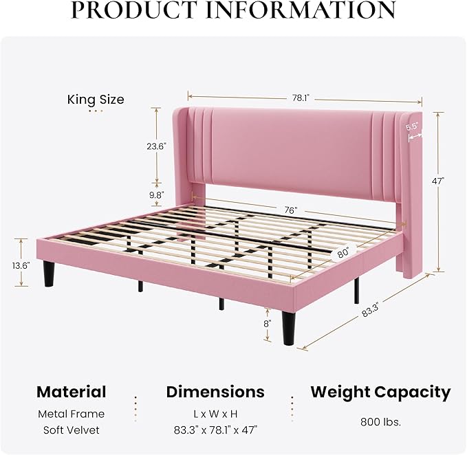 SHA CERLIN King Size Velvet Upholstered Platform Bed Frame - Image 2