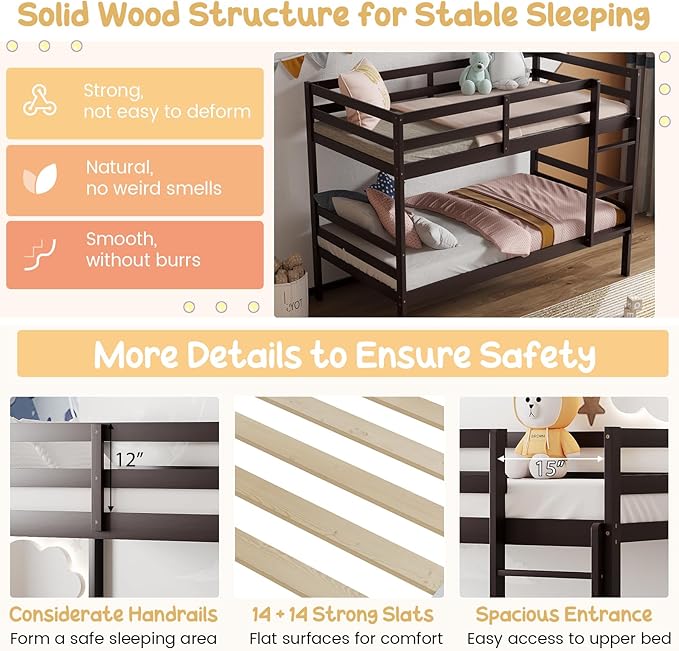 Giantex Bunk Bed Twin Over Twin, Solid Wood Bunk Bed - Image 6