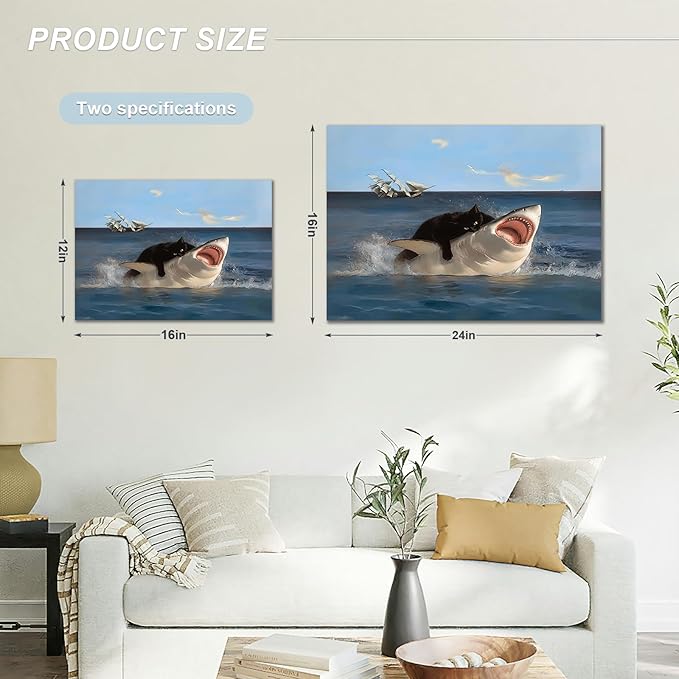 BFKDKG Framed Black Cat Wall Art, Abstract Black Cat Shark Poster, Funny quirky - Image 6