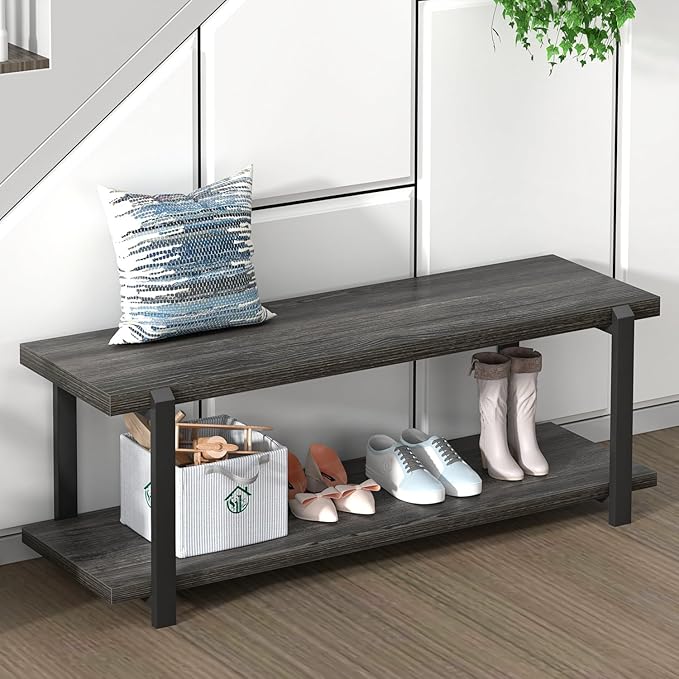 FOLUBAN 47 Inch Shoe Storage Bench, Rustic Wood and Metal Entryway Bench by FOLUBAN
