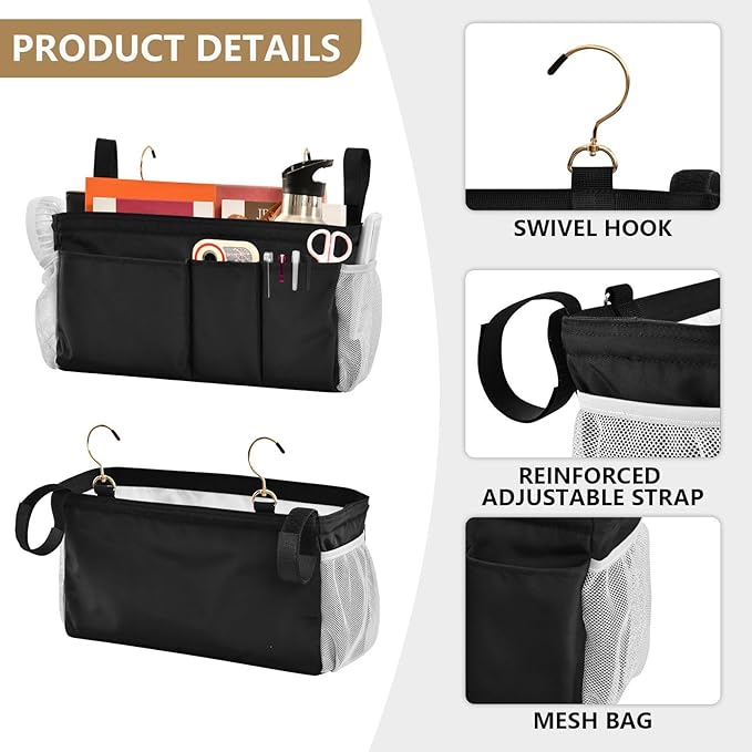 KOPIRIT Black Bedside Caddy Storage Bag Bedside Organizer - Image 5
