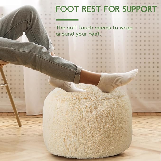 HIGOGOGO Round Stuffed Pouf Ottoman, Long Faux Fur Poufs - Image 3