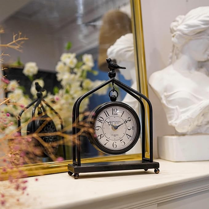 SOFFEE DESIGN 7.5'' x 10'' Mantel Clock Iron Tower Frame, Creative Bird - Image 2