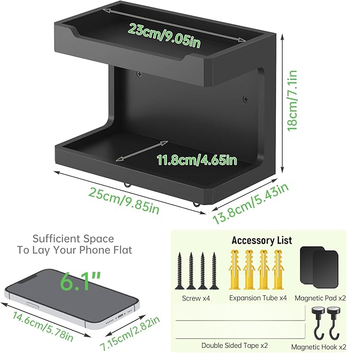 NiHome Large Wall Mounted Wooden Bedside Organizer, Double Storage Shelves & - Image 3