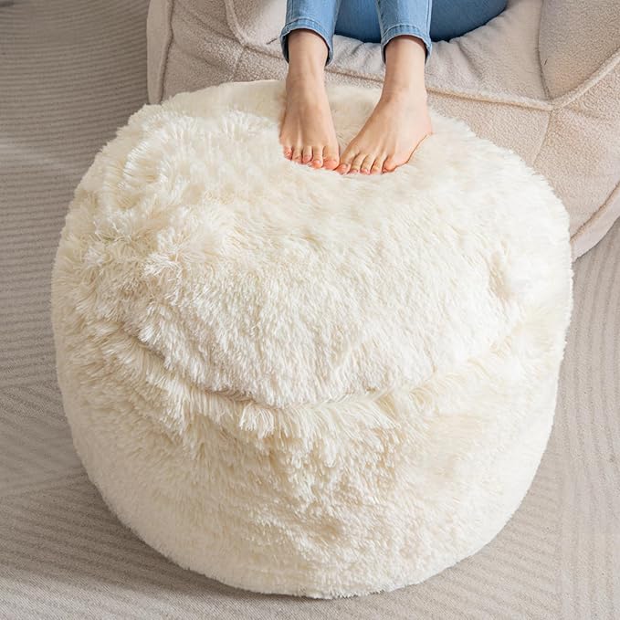 HIGOGOGO Round Stuffed Pouf Ottoman, Long Faux Fur Poufs by HIGOGOGO