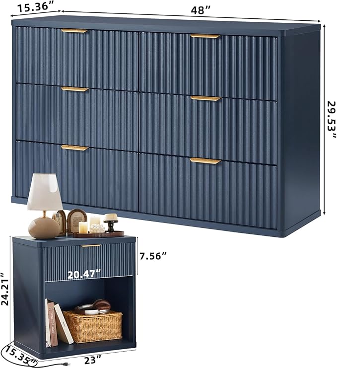 LEYAOYAO 48" Wide Fluted Dresser and 1 Drawers 23" Nightstand Set of 2 - Image 3
