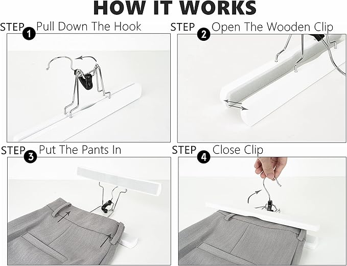 Amber Home 10 Pack White Wooden Pants Hangers, Wood Clamp Hangers - Image 3
