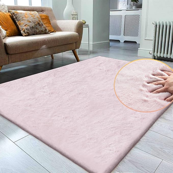 Pink Fuzzy Faux Rabbit Washable Fur Rug - Image 2