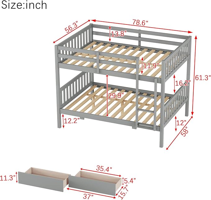 Full Over Full Bunk Bed with Storage Drawers, Convertible Bunk Beds with Ladder - Image 2