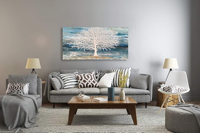 White Tree Canvas Wall Art Large Teal Blue Decor Textured Painting Print - Image 6
