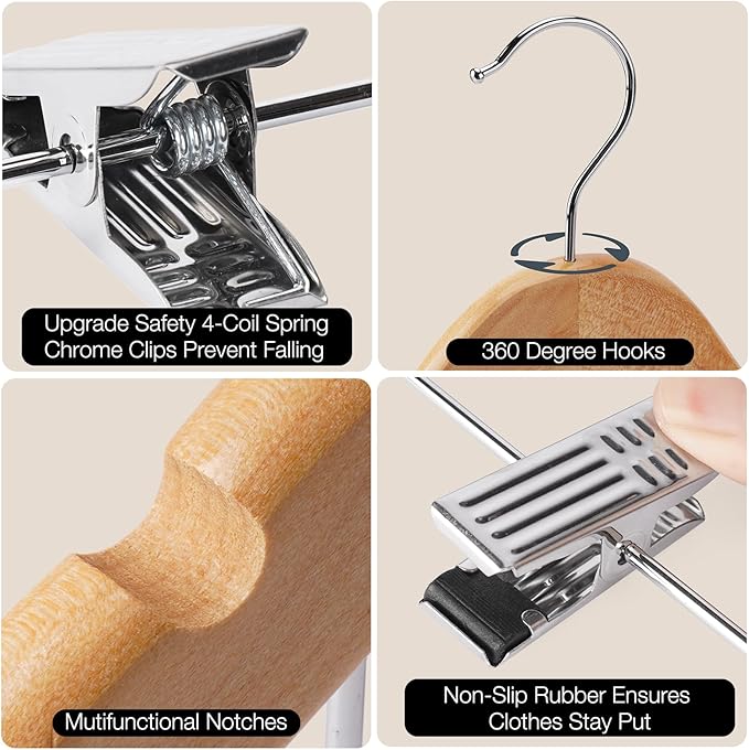 Wooden Hangers with Clips 12 PCS Pants Hangers with Clips, Smooth Solid Wooden - Image 2