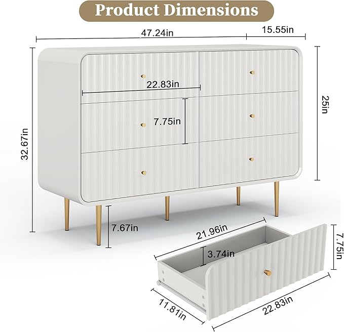 HLR Fluted 6 Drawers Dresser, Dresser TV Stand, Wood Dressers & Chest of Drawers - Image 2