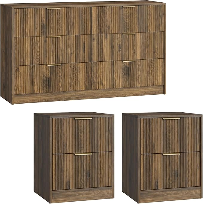6 Drawer Dresser & Nightstand Set 3-Piece, 55” Wide Fluted Dresser and Night - Image 8