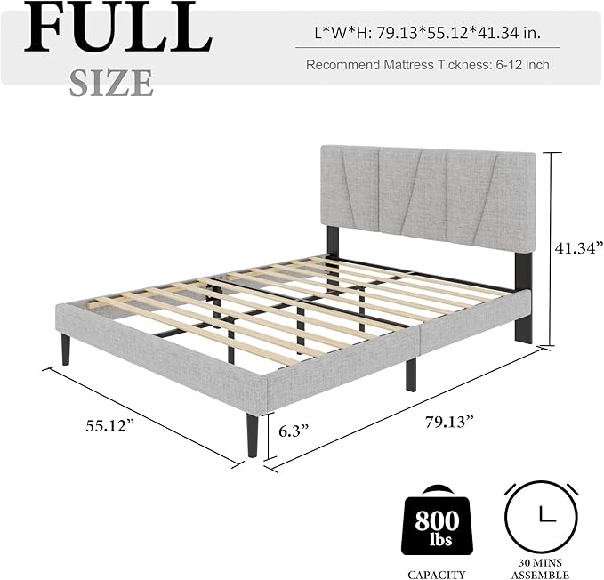 Full Size Bed Frame with Fabric Upholstered Headboard, Platform Bed with Wooden - Image 2