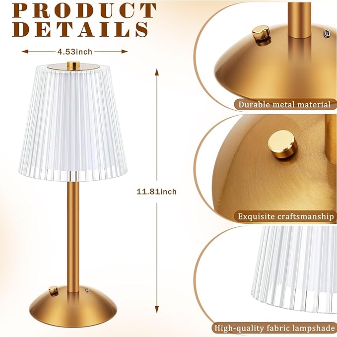 Liliful 2 Pcs Cordless Table Lamp Rechargeable Touch LED Small Gold Portable - Image 2
