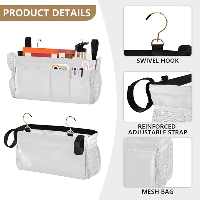 KOPIRIT White Bedside Caddy Storage Bag Bedside Organizer - Image 5