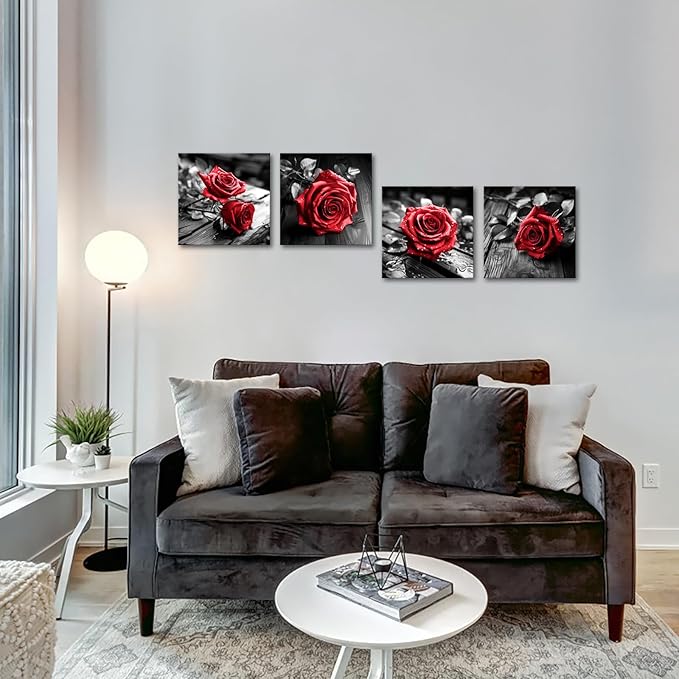 VANSEEING 4 Pieces Red and Black Rose Flower Canvas Wall Art Floral Pictures - Image 7