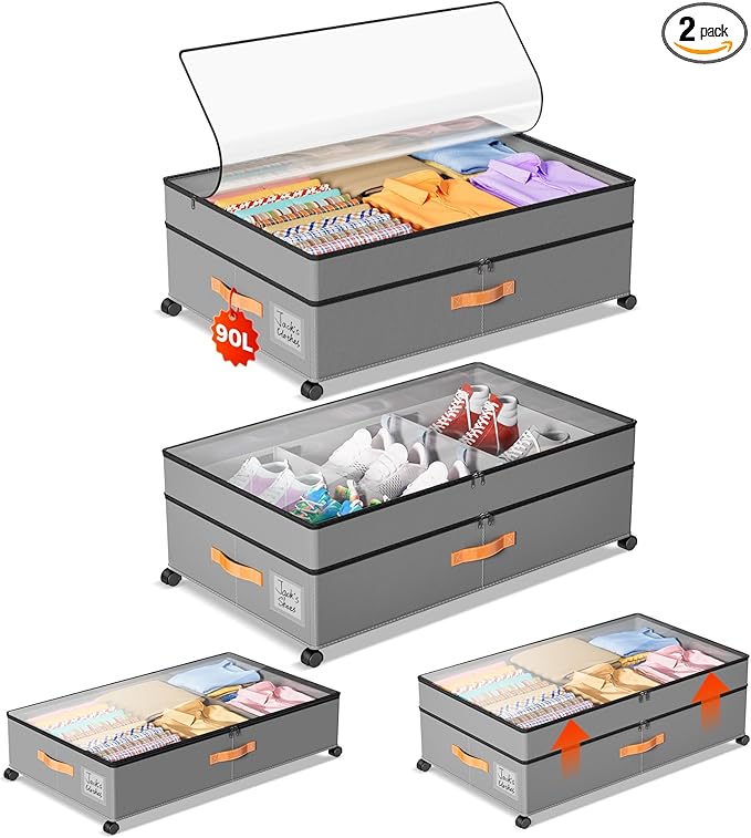 Under Bed Storage with Wheels, Large Capacity UnderBed Containers with Clear by Unknown