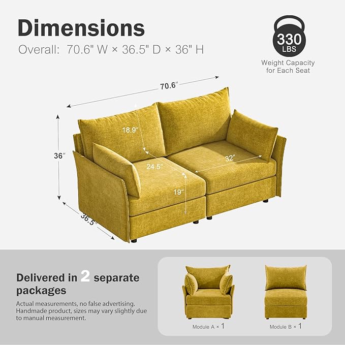 ABCASA Oversized Loveseat Sofa, Modern Modular Sectional Couch Yellow Fluffy - Image 2