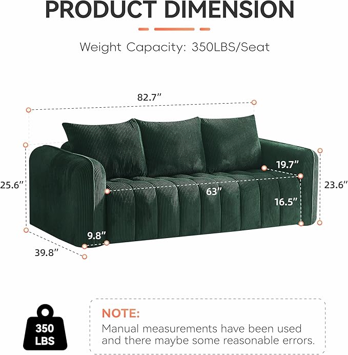 83'' Boneless Corduroy Sofa, Oversized 3 Seater Deep Seat Couch - Image 2