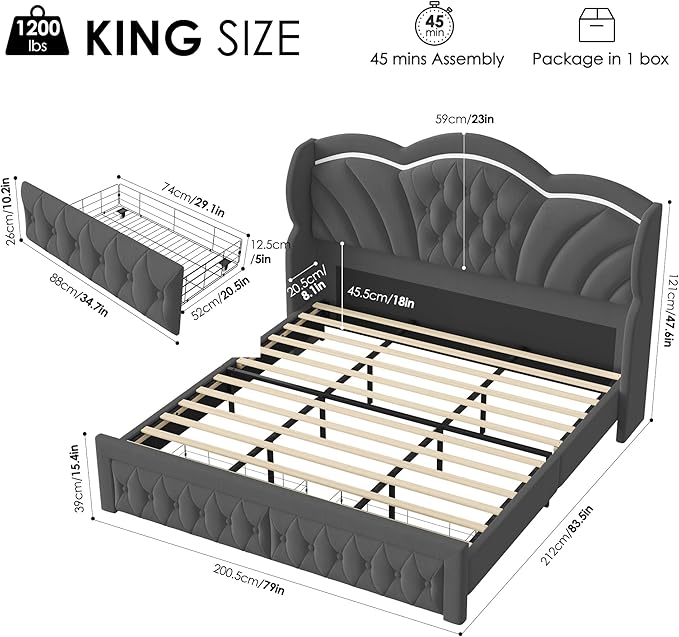 Keyluv King Bed Frame with LED Lights and 2 Storage Drawers, Velvet Upholstered - Image 2