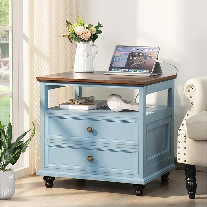 Farmhouse Nightstand with Charging Station, Light Blue Dresser - Image 4