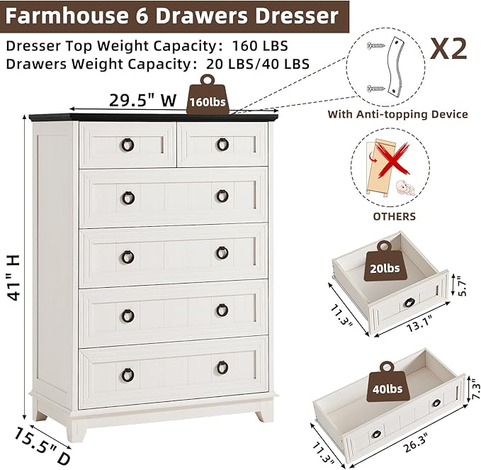 Farmhouse 6 Drawer Dresser for Bedroom, Rustic Wood Dresser - Image 2
