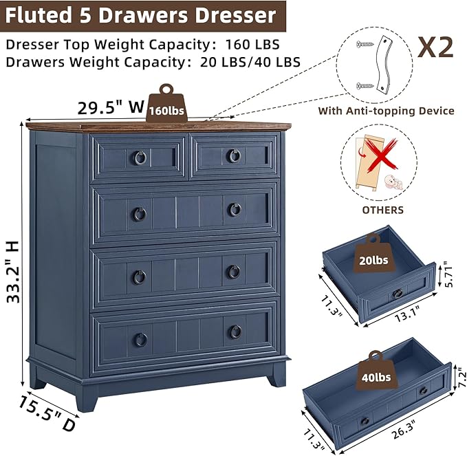 Farmhouse 5 Drawer Dresser for Bedroom, 33.2" Tall Small Dressers & Chest of - Image 2