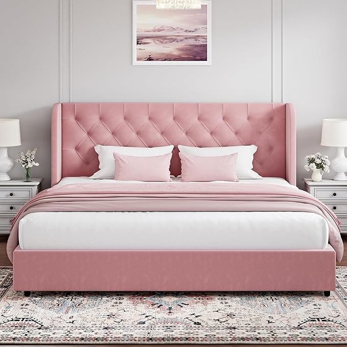 HOMBCK Pink King Size Bed Frame, Upholstered Platform Bed Frame - Image 3