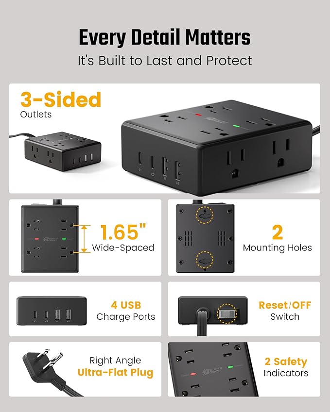 20Ft Long Extension Cord, Flat Plug Power Strip Surge Protector, 8 Outlet 4 USB - Image 8