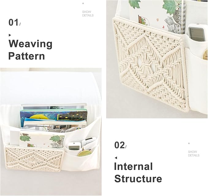 Mkono Couch Bedside Caddy Boho Remote Control Holder Macrame Armrest Storage - Image 5