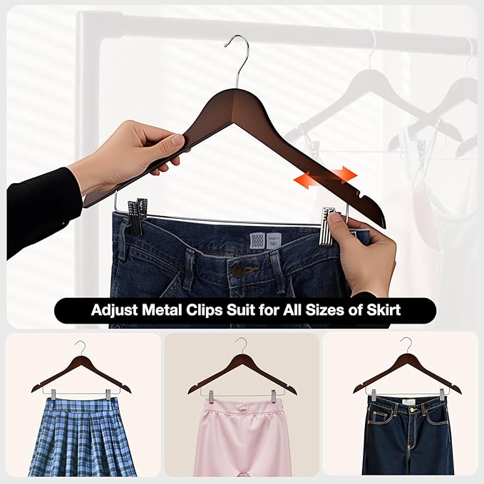 Wooden Hangers with Clips 12 PCS Pant Hangers with Clips, Smooth Solid Wooden - Image 3