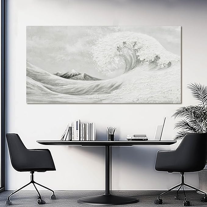 YETHEN WAL Neutral Grey & White Wave Wall Art – Textured Minimalist Canvas Print - Image 2