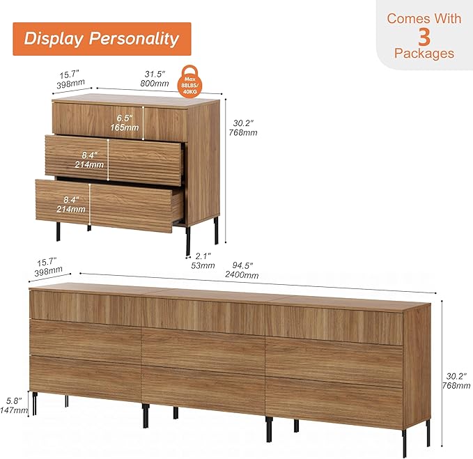 WAMPAT 94.5" W Fluted Dresser for Bedroom, Modern 9 Drawer Dresser TV Stand - Image 2