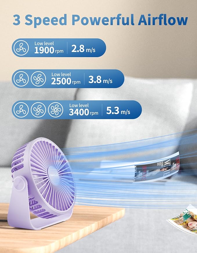 TriPole USB Desk Fan Portable Mini Fan Powerful 3 Speeds Wind Personal Desktop - Image 4