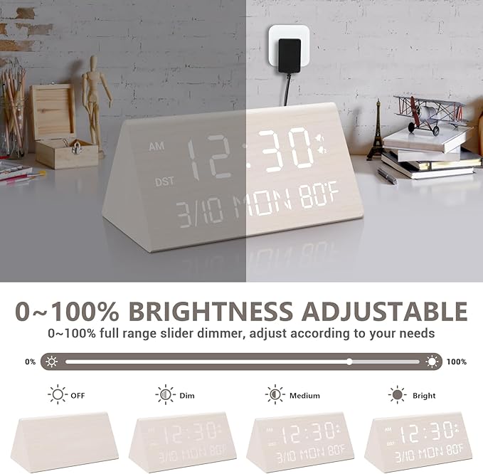 Kogonee Wooden Digital Alarm Clock, 0-100% Dimmer, 2 Alarm Settings, - Image 3