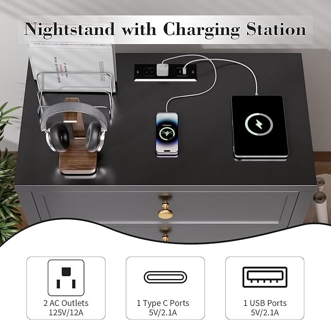 COWMOU Nightstand with Drawers 3 Drawer Night Stand with Charging Station - Image 5