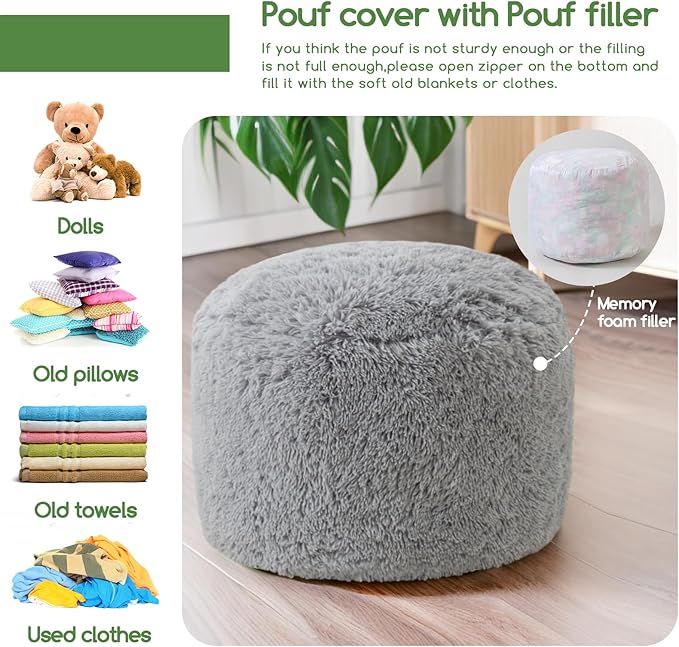 HIGOGOGO Round Stuffed Pouf Ottoman, Long Faux Fur Poufs - Image 4