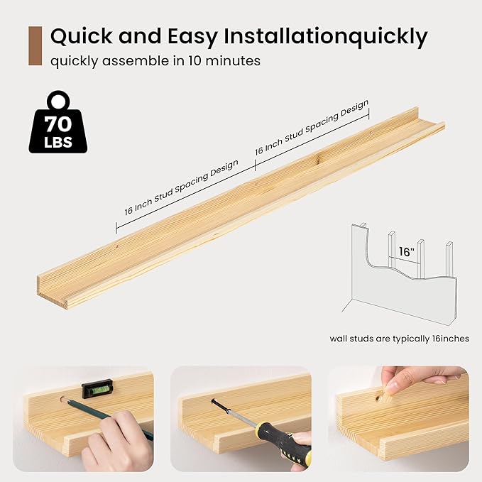Picture Ledge Shelf, Solid Pine Wood Floating Shelves Set of 2, 48 Inches - Image 5