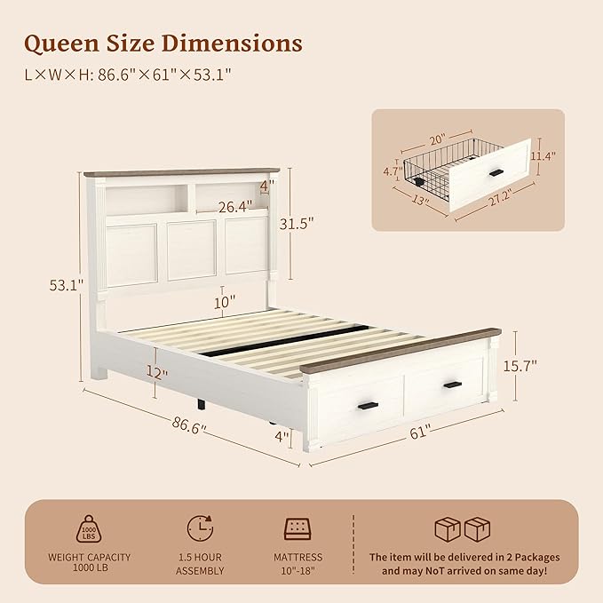 Queen Size Bed Frame with 53" Tall Headboard, Farmhouse Platform Bed Frame with - Image 2
