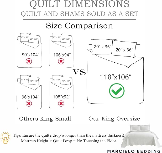 MarCielo 3-Piece 100% Cotton Oversized Bedspread Lightweight Quilt Coverlet - Image 6