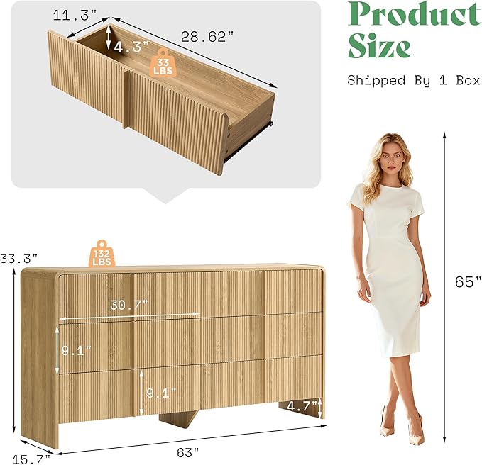 AMERLIFE 63" Fluted 6 Drawer Dresser, Long Modern Chest of Storage Drawers - Image 2