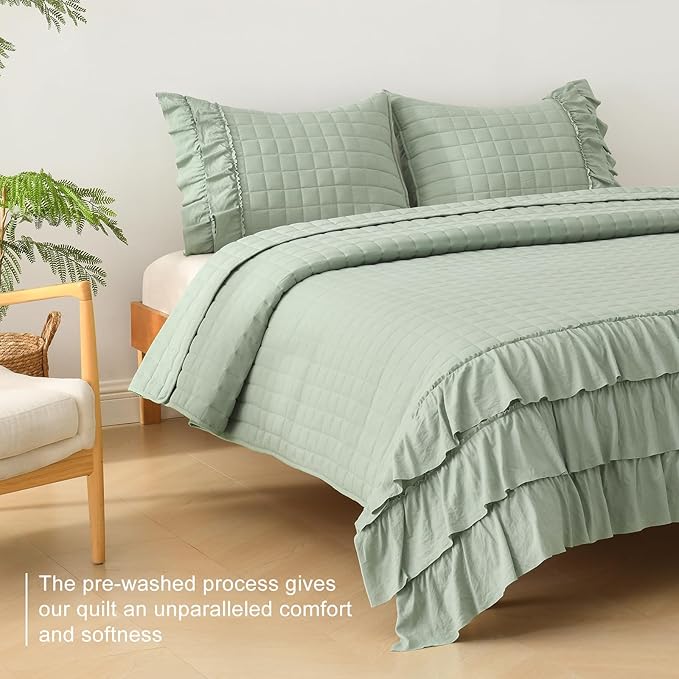 HORIMOTE HOME Asakusa Green Ruffled Quilt Set Twin Size, Geometric Square - Image 3