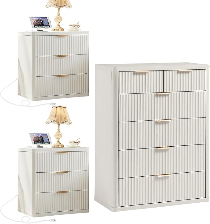 LEYAOYAO 42" Tall Fluted Dresser and 3 Drawers 23" Nightstand Set of 2 by LEYAOYAO-Findtheshiningpointofyourideallife%EF%BC%81